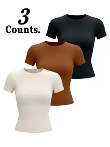 Women's Slim Fit Round Neck Short Sleeve Top, Sporty Tennis Running Hiking Outdoor Sports Shirt, Gym High Intensity Yoga Inner Layer, Athletic Top