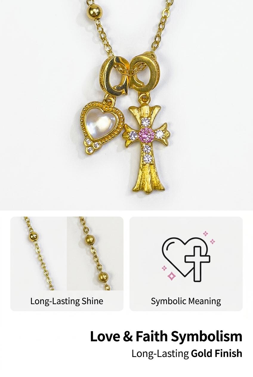 Pink Diamond Cross & Heart Shell Pendant Clavicle Necklace