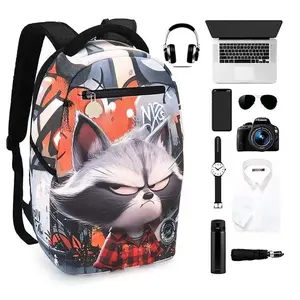 Raccoon Graphic Backpack: Eye-Catching Cartoon Print with Plaid Shirt Design - Stylish & Functional Daypack for Urban Street Style.