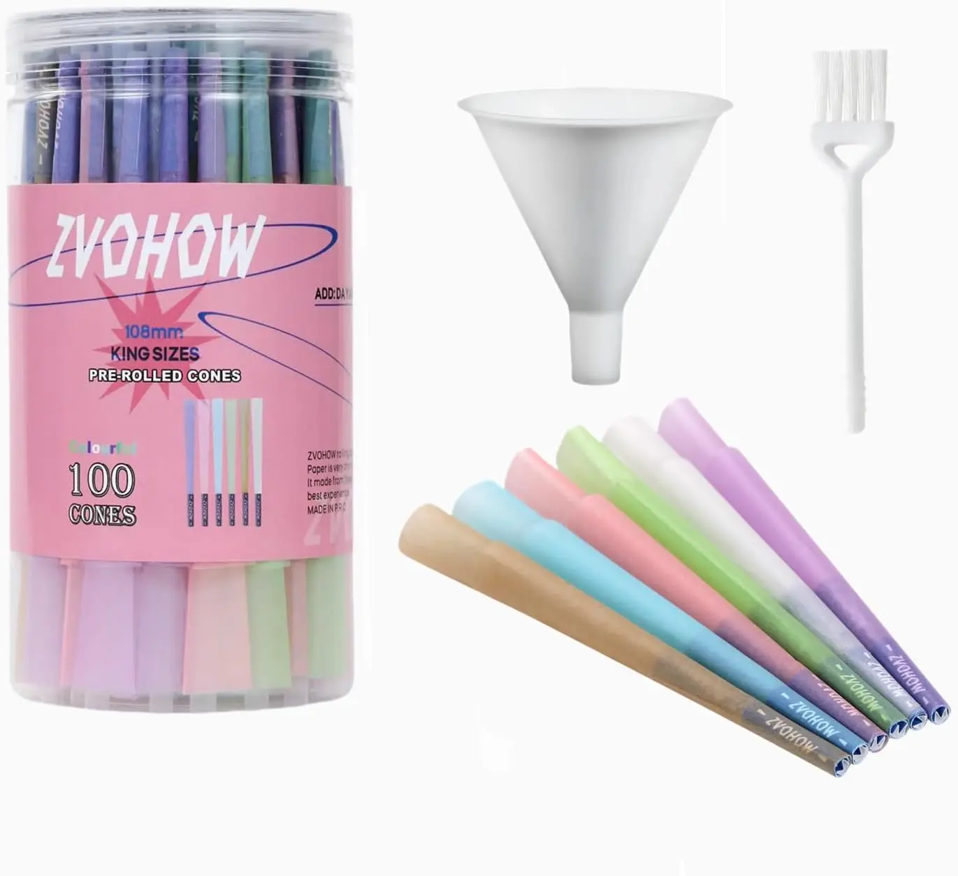 ZVOHOW 100 Pack Colorful King Size 108mm Paper Tubes with Loader, Packing Sticks and Cleaning Brush