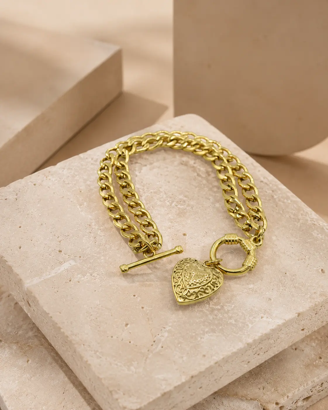 Double Heart Chain Bracelet for Women, Elegant Gold Plated Stainless Steel Jewelry for Daily Wear, 7-8 Inch Sizes