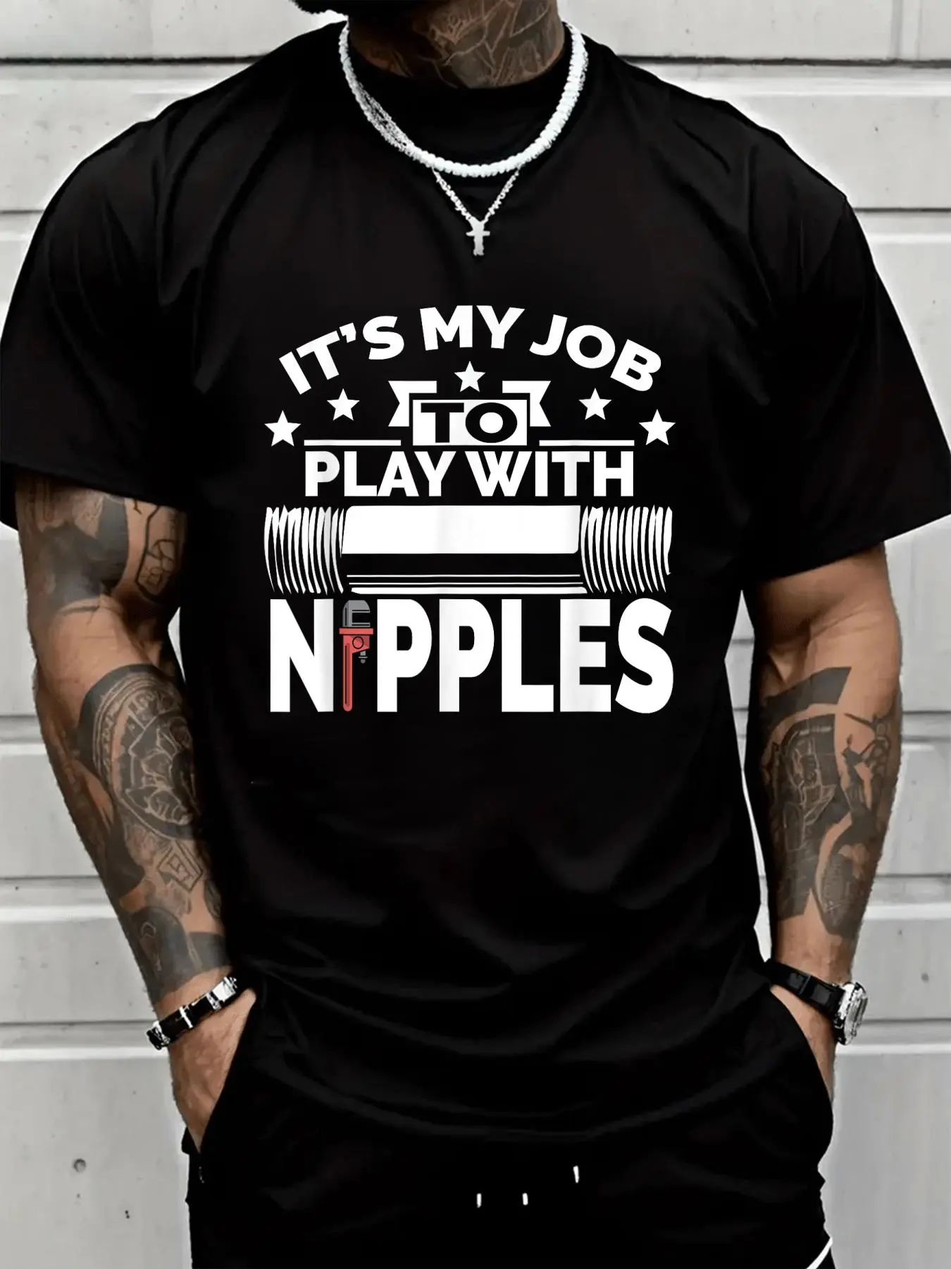 Men's 100% Cotton Short-Sleeve Casual Loose Tops, Hilarious Plumber & Pipefitter Themed Tee, Unisex Menswear for Year-Round Wear, Round Neck, Stylish, Crew Neck, Plumbing, Hilarious Theme, Printed Text, Clothes, All Seasons