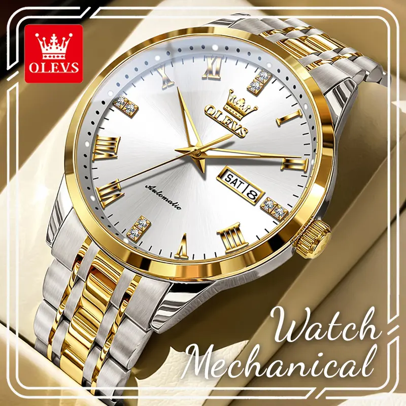 OLEVS 7062 Premium Men's Self-Winding Mechanical Wristwatch, Minimalist Dial With Rhinestone Crystal Inlaid Roman Numerals, Dual Day & Date Display, Luminous Hands, 3ATM Daily Resistant Business Watch, Ideal Birthday Anniversary Gift For Husband Boyfriend