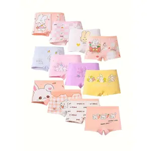 12-pack girls' pure cotton boxer briefs - cartoon pattern, comfortable and soft knitted underwear, mid-rise design with elasticity (95% cotton, 5% spandex), children's style, suitable for all seasons, medium support underwear, cute light-colored panties