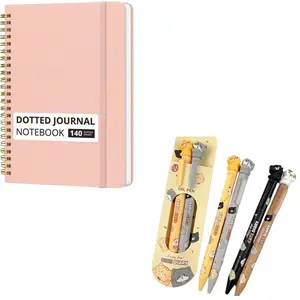 Cute Cat Ballpoint Pens Set (2 Pcs, Ink) + Spiral Notebook (140 Pages, A5 Size), Perfect Gift for Cat Lovers, Office Use