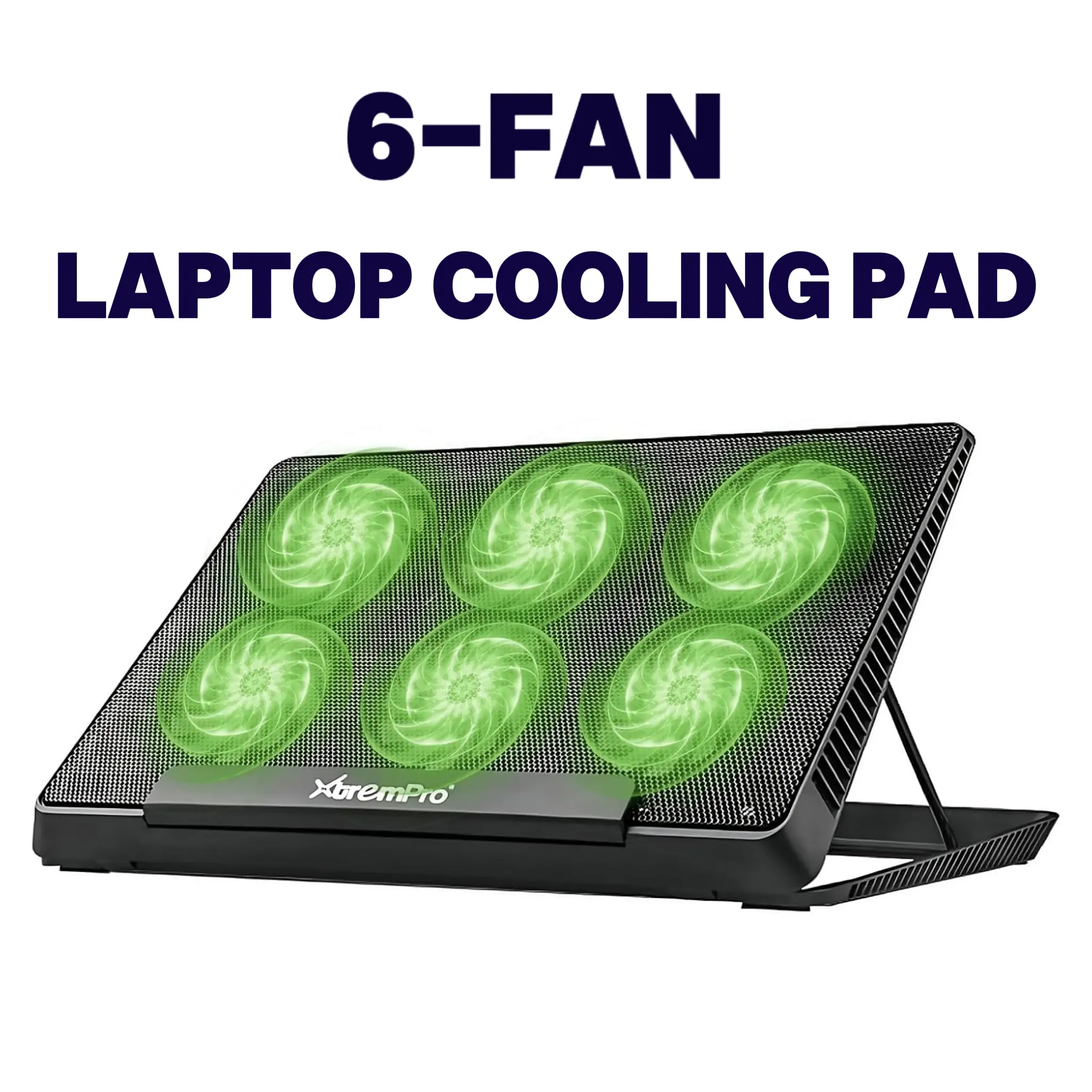 XtremPro 6-Fan Laptop Cooling Pad - PC Accessories for PC, Full-Metal Mesh, Green LED, Fits 12"-17.5" Laptops, 5 Height Adjustable Settings, 2 USB Ports, Modern Design