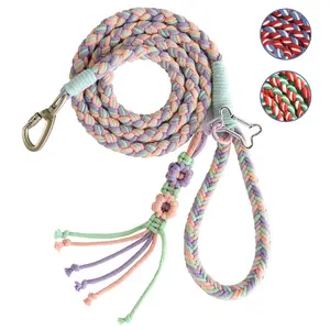 KUDOS Braided Cotton Dog Leash – Locking Buckle & Comfy Grip, Handwoven Rope in Pink Green Purple, 5.2ft Leash with Floral Detail for Small to Large Dogs, Spring Style