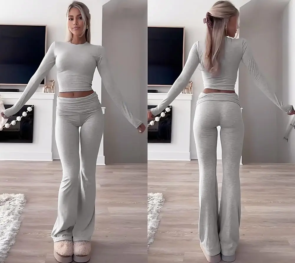 Casual Workout Two Piece Outfits for Women Short Sleeve Crop High Waist Foldover Flare Pants Tracksuit Sets Streetwear
