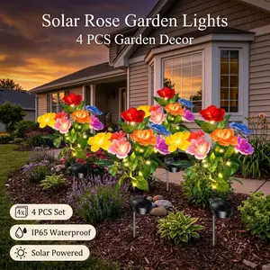 4 Pack Solar 7-Head Rose Garden Lights, IP65 Waterproof Outdoor Decor