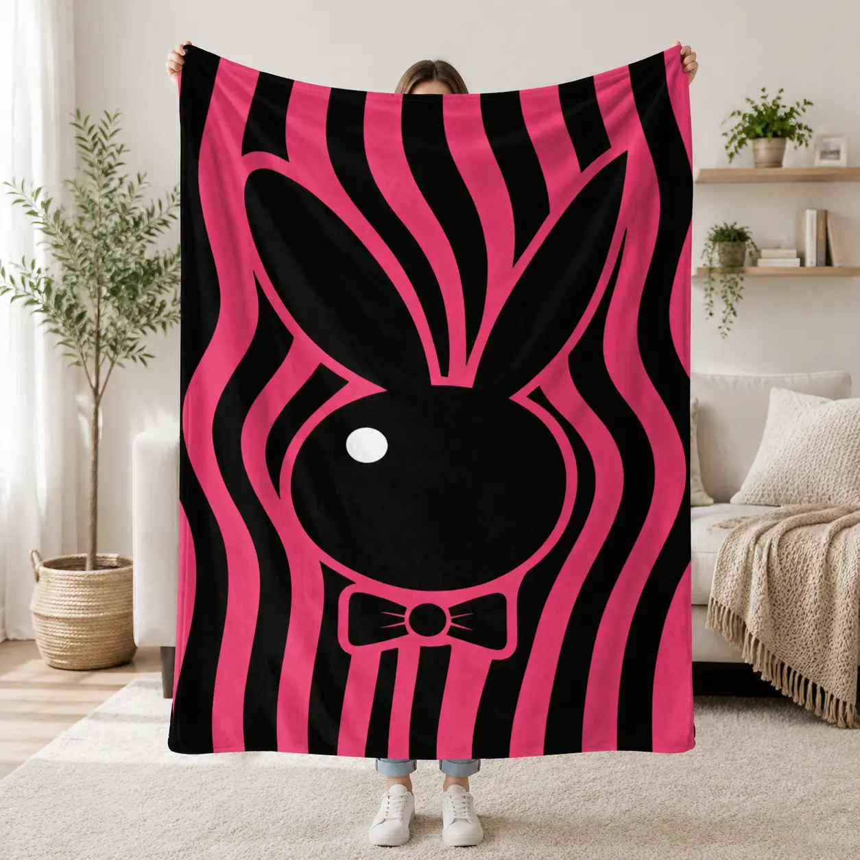 Cute Bunny Throw Blanket, Pink Black Aesthetic Fleece Blanket, Soft Cozy Rabbit Pattern Blanket for Bedroom, Couch Decor, Stylish Home Gift for Teens and Animal Lovers