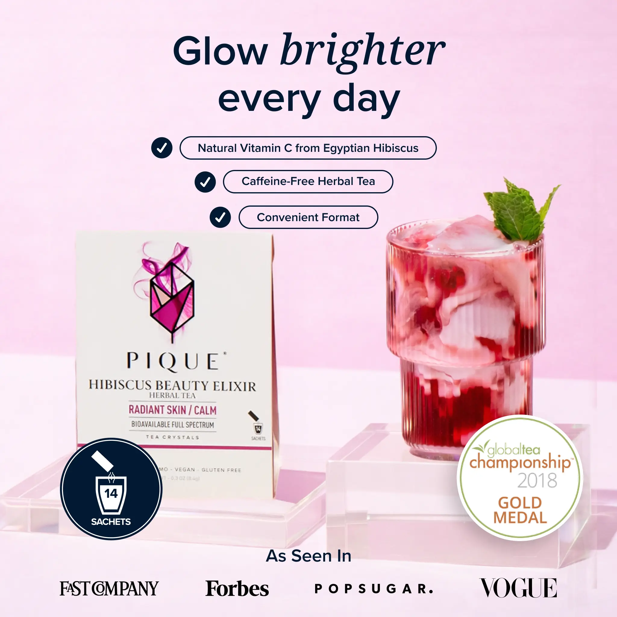 Pique Life Hibiscus Beauty Elixir & Herbal Tea USDA Organic Full Spectrum High in Vitamin C for Radiant Skin & Calm Digestion 14 Servings