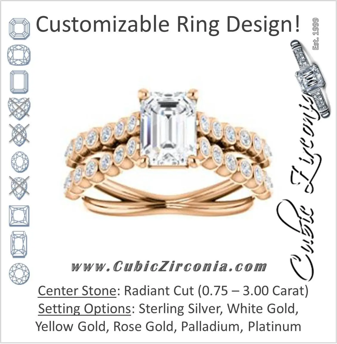 Cubic Zirconia Engagement Ring- The Roxana (Customizable Radiant Cut Design with Beaded-Bezel Round Accents on Wide Split Band)
