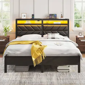 Bed Frame  With Charging Station, LED Bed With Upholstered Storage Headboard, Metal Platform Bed With Under Bed Storage, No Box Spring Needed, Noise Free, Easy Assembly, Black