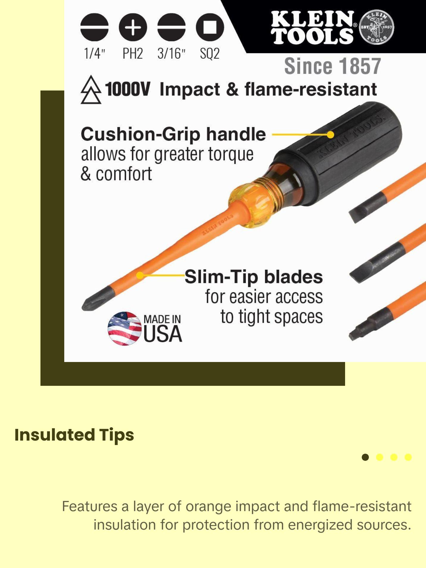 Klein Tools 33734INS Screwdriver Set, Slim-Tip Insulated Phillips, Cabinet, Square, 4-Piece