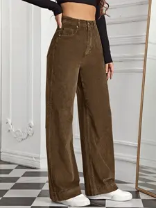 Women's Casual High-Waisted Corduroy Pants with Button and Slant Pockets, Plain Color Straight Leg Trousers, Comfortable Fit Fashion for Daily Wear