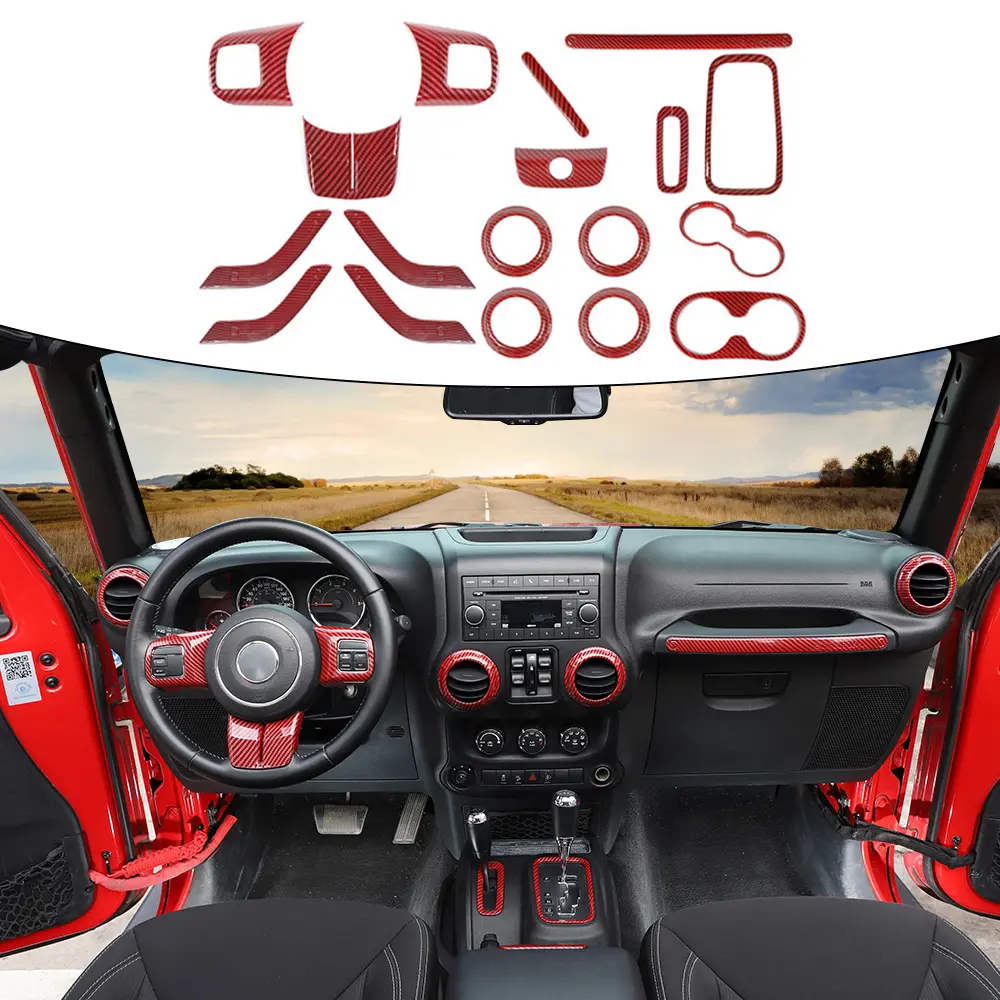 18-Piece Automotive ABS Carbon Fiber Interior Decoration Trim Kit for 2011-2017 Wrangler JKU 4-Door, Includes Console Cover, Dashboard Bezel Car Accessories