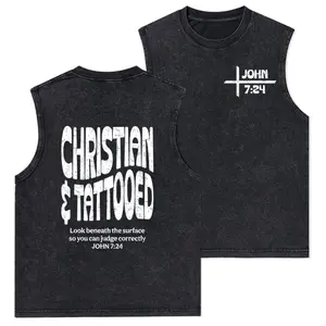 Christian & Tattooed Christian Washed Tank Top, Gym Essential, Vintage Casual Crewneck Short Sleeves Menswear T-shirt Classic Cotton Fabric Streetwear