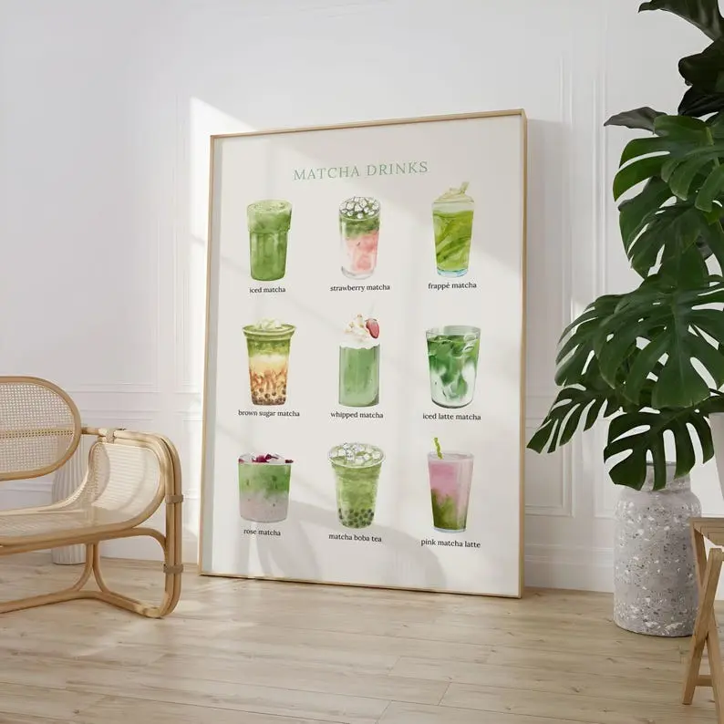 Matcha Drinks Watercolor Print, Iced Matha Latte Lover, Ceremonial Matcha Mornings, Cute Matcha Wall Art, Cafe Poster, Trendy Kitchen Decor Unframed