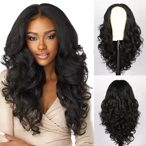 Yaki Texture Black Body Wave Wig  Middle Part Fluffy Synthetic Full Wig for Black Women  Natural Looking Heat Resistant Hairpiece