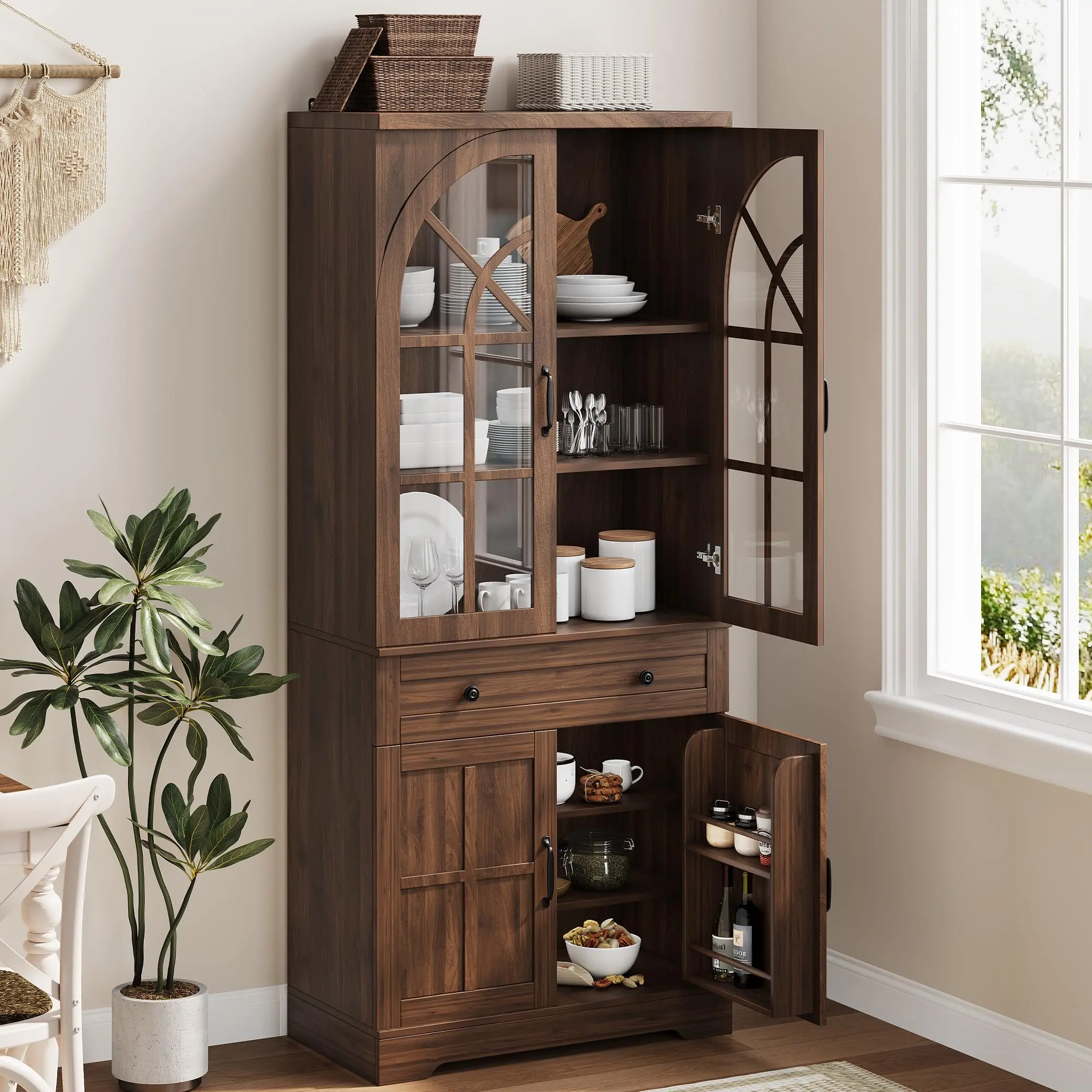 Rustic Wood Sturdy Freestanding Cupboard - 71.9" Tall Food Pantry Cabinet with Tempered Glass Doors, Anti-Tip Design for Kitchen, Dining Room, Pantry Organization, Farm Life