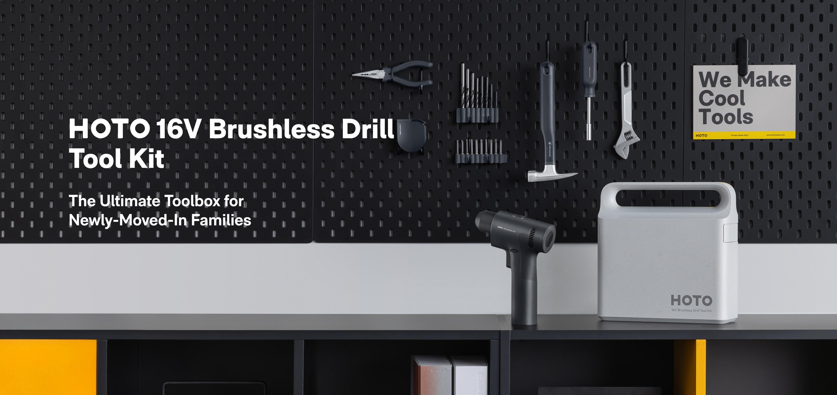 HOTO 25PCS Household Tool Kit with 16V Brushless Drill, Smart Display, 50 N·m Torque, 32 Torque Settings, USB-C Charging, LED Light, Includes Hammer, Wrench, Pliers, 8 x Drill Bits, 10 x Bits