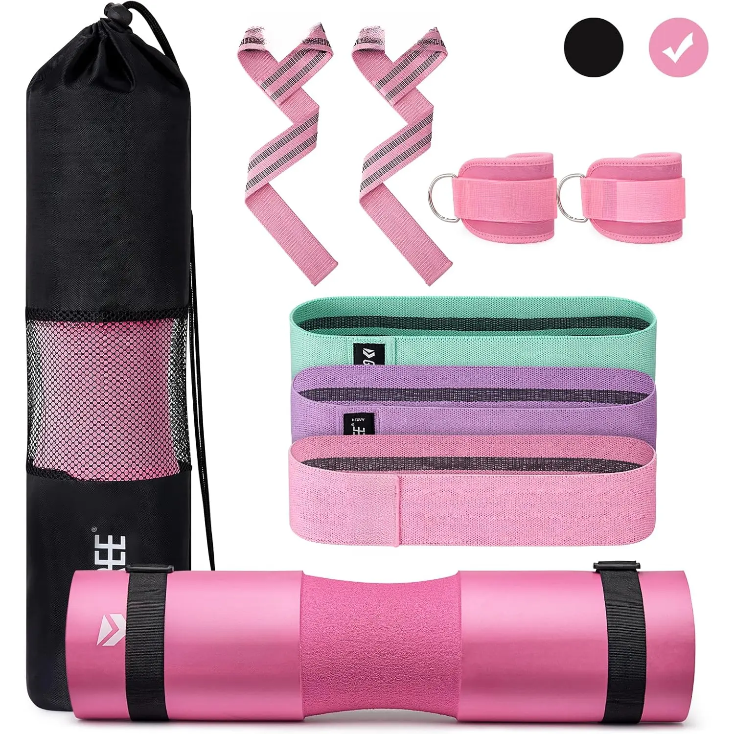 9-Count Barbell Pad Gym Workout Equipment Set for Squats, Thrusts - Standard Bars, 2 Gym Ankle Safety Straps, 3 Resistance Bands, 2 Lifting Straps, Carry Bag