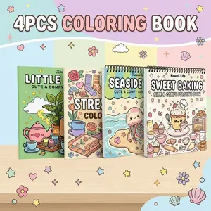 Kawaii Coloring Book Set - 4pcs Little Corner, Seaside Days & Sweet Baking Themes, Thematic Variety for Stress Relief - Opaque Paper, Beginner-Friendly Vibrant Illustrations for Teens, Adults & Elderly - Perfect Gift for Birthdays & Holidays