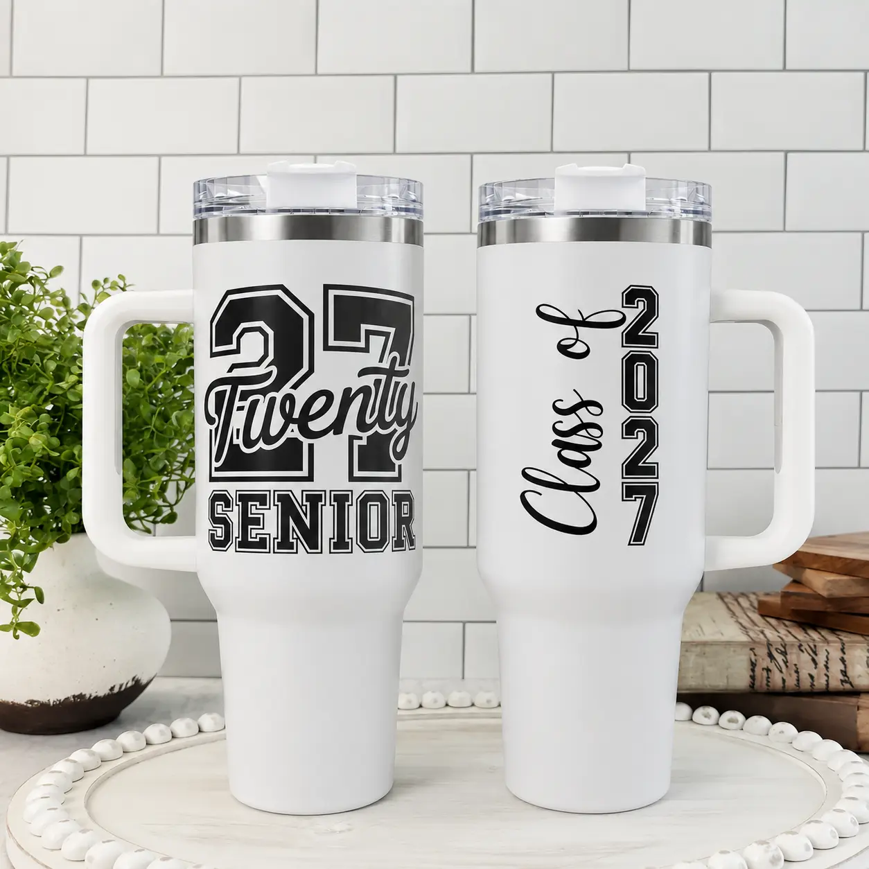 Class of 2027 Senior 40oz Stainless Steel Insulated Tumbler with Handle and Straw, Twenty 27 Graduation Printed Travel Cup, Gift for Graduates