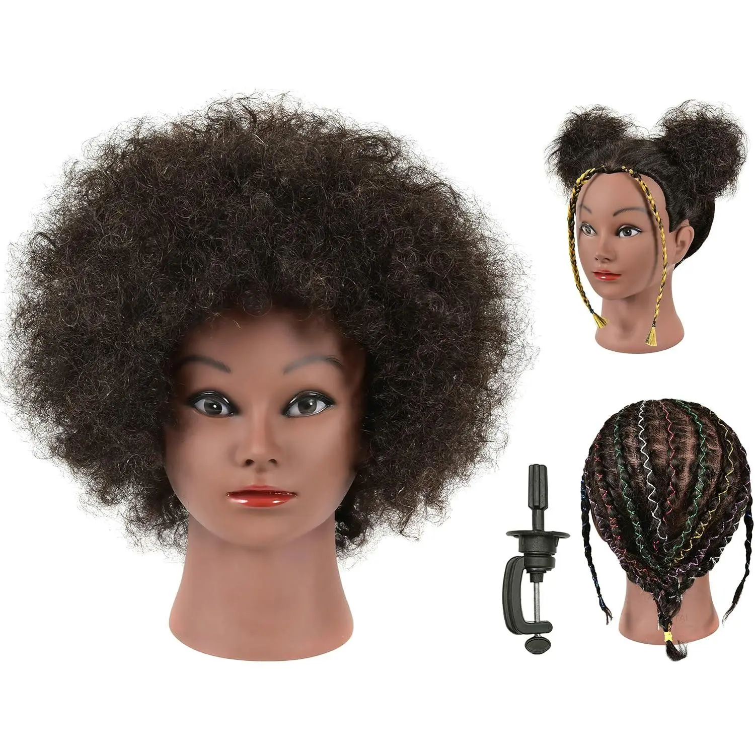 Kinky Curly Real  Human Hair Mannequin  with Table Clamp Stand for Hairdresser Practice Braiding Styling Manikin  Doll   Bleaching Dyeing Curling  Updos Yifanyou Sports
