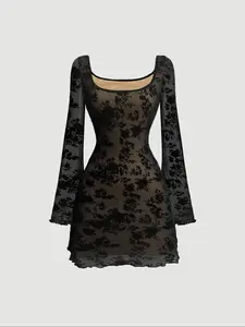 Floral Velvet Mesh Y2K Flounce Sleeve Dress, Slim-Fitting Summer Fashion, Moderate Fabric Thickness, Elegant Style for Women, Casual Classy Dress