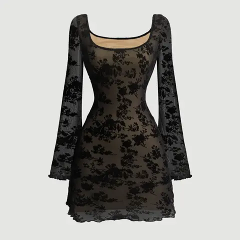 Floral Velvet Mesh Y2K Flounce Sleeve Dress, Slim-Fitting Summer Fashion, Moderate Fabric Thickness, Elegant Style for Women, Casual Classy Dress