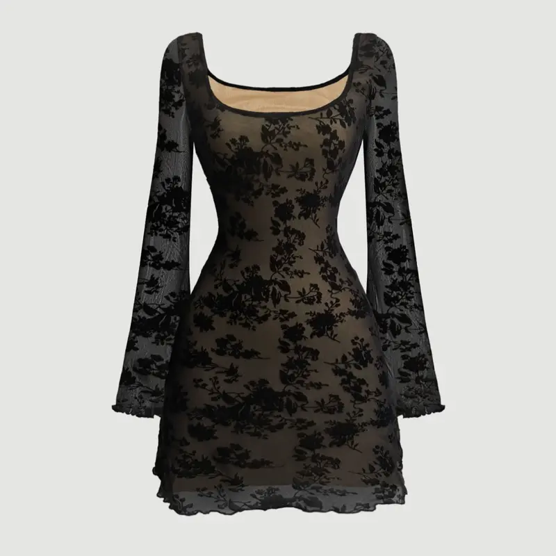 Floral Velvet Mesh Y2K Flounce Sleeve Dress, Slim-Fitting Summer Fashion, Moderate Fabric Thickness, Elegant Style for Women, Casual Classy Dress