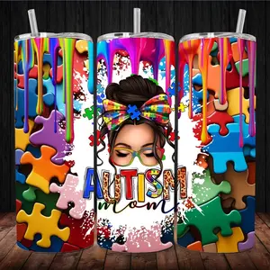 Autism Mom 20 oz Tumbler - Colorful Design with Pieces, Features "Autism" Text, Perfect for Themed Drinkware - Bottle