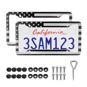 2 Pack American Flag License Plate Frames - Aluminum, Black Matte Stripe, Universal Fit