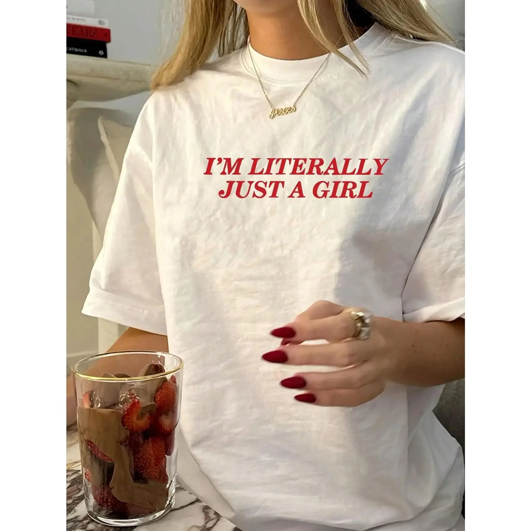 Women's Printed Red Letter Round Neck Short Sleeve Casual Streetwear T-Shirt - White Summer Sports Top for Ladies, Vibe-Infused 1-Piece Sportswear, Lady, Tee