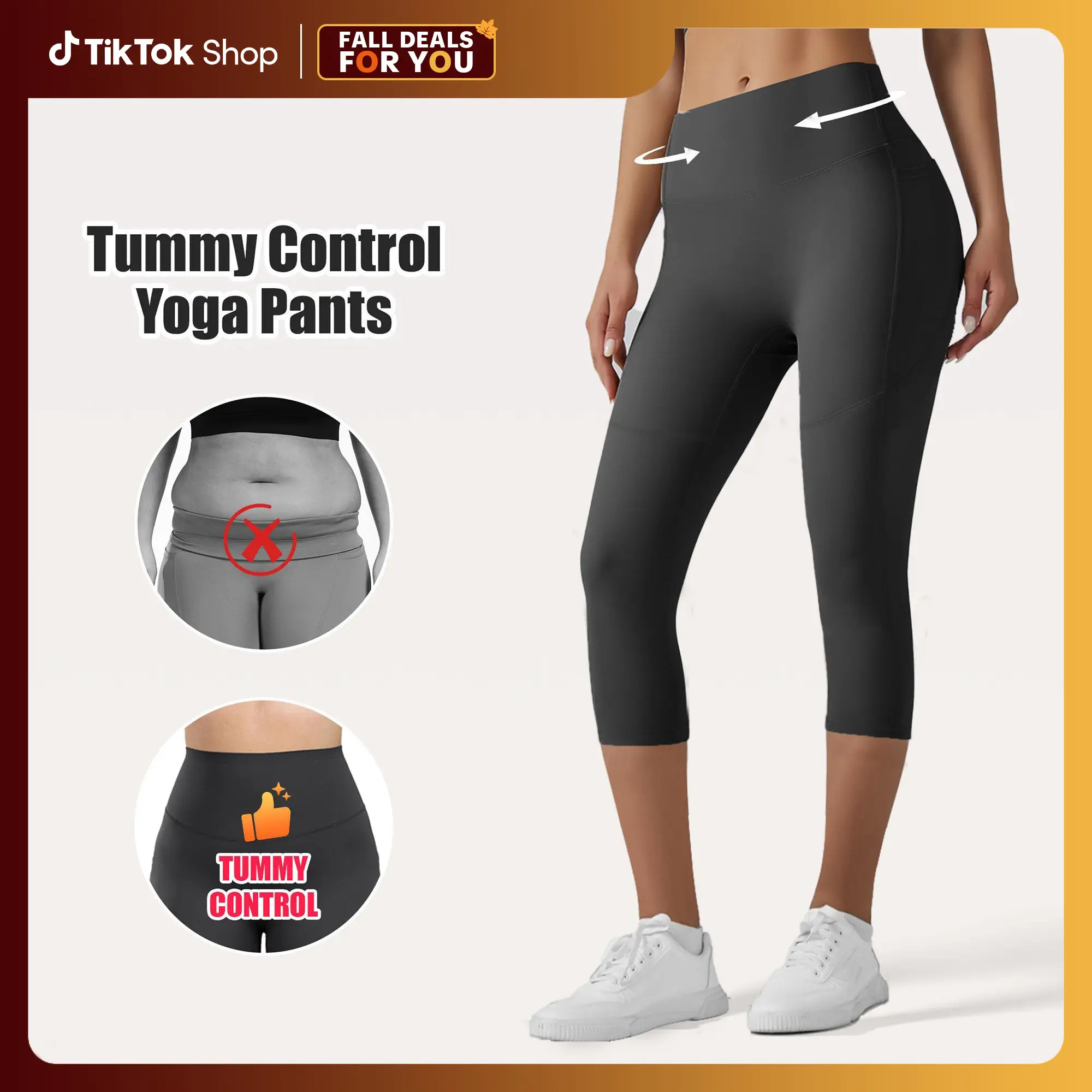 [Size up recommended] Viconow Tummy Control Capris Shorts for Women with Pockets - High Waist Bike Leggings for Gym Workout Yoga Solid Color Casual We