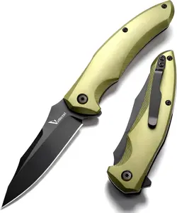 Ranger VR-09G  Kitchen Knife, D2 Steel Blade HRC 60-65 with Olive Green Aluminum Handle, Compact Utility Knife for Kitchen Food Preparation Outdoor Folding Stone Wash