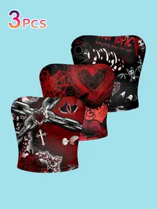 3-Pack Gothic Tube Top, Punk Heart Chain Print, Y2K Millennial Style, Casual Slim-Fit, All-Seasons Fashion, Subculture Trendy Top