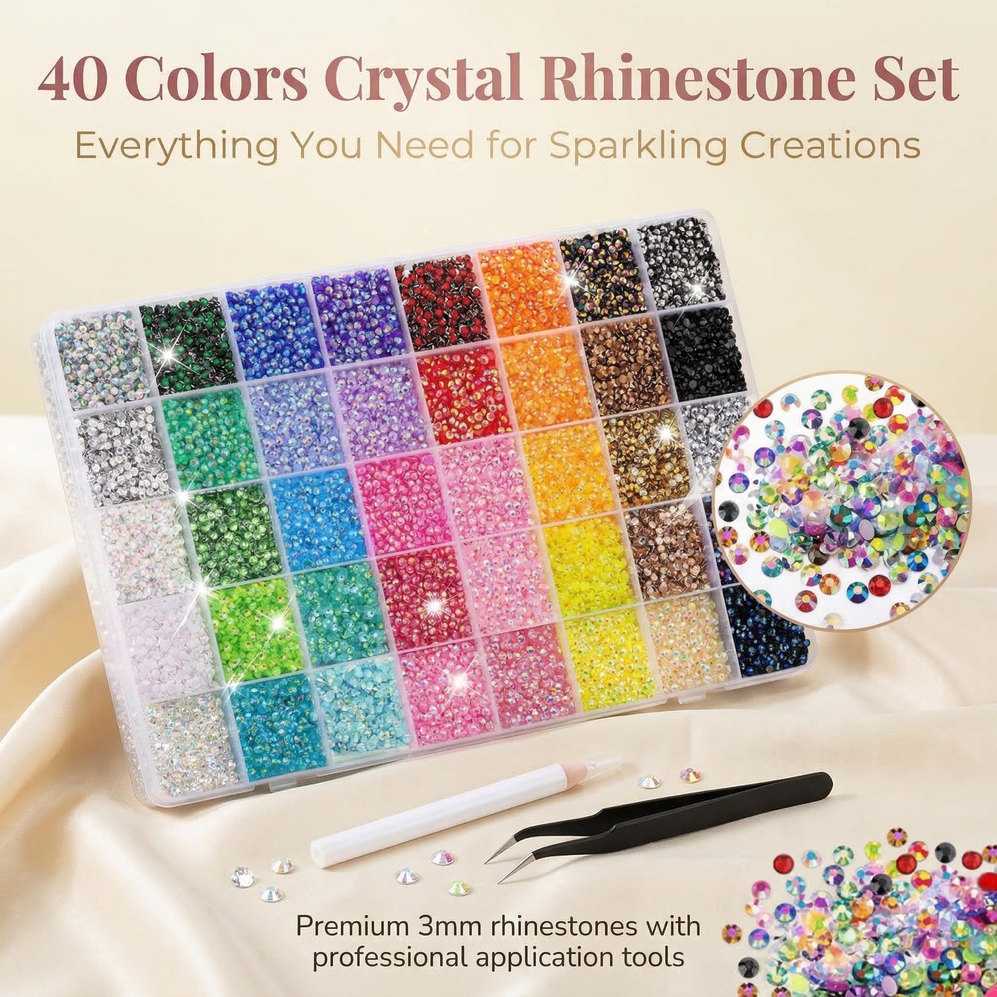 3mm 40 GRIDS Rainbow Colors Resin Flat Bottom Drill Set with Gifted Tools, for DIY Clothing Nail Phone Decoration DIY Crafting Book Shoes Nail Art Rhinestone Mix Colors Bedazzling Kit flatback bead craft jewelry diamond painting glitter decorative jelly