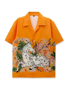 Vintage Horse Pattern Shirt, Casual Fitted Design, All-Over Floral Print, Summer Vacation Wear, Artistic Style