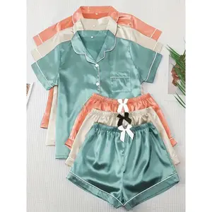 Women's Solid Contrast Binding Bow Decor Pajama Set, Short Sleeve Button Front Lapel Shirt & Shorts Pj Set, Ladies Summer Sleepwear & Loungewear, Shortsleeve