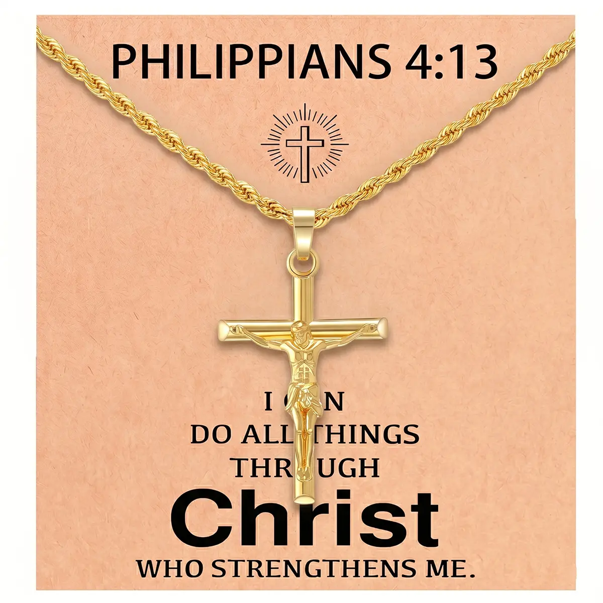 Men’s Crucifix Cross Necklace with Bible Verse Message Card, 18-24Inch Stainless Steel Rope Chain, Detailed Jesus Pendant, Christian Faith Gift for Him, Birthday, Baptism, Graduation and Easter