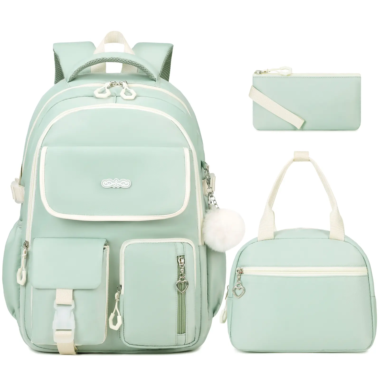 SIMILOVE Cute Girls' 3PCS Embroidered Nylon Fabric Backpack Set for 6-18Y (11-12 Years Included) - 17.7*12.2*7.1in Backpacks for School, Crossbody/Shoulder Bag, Lunch Box, Pencil Pouch, Adjustable Straps, Breathable Design, Hidden Phone Pocket