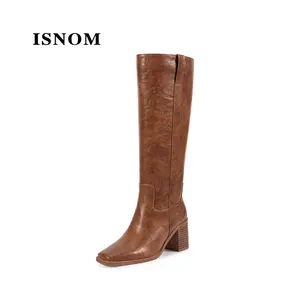 ISNOM Knee High Boots for Women Round Toe Chunky Block Riding Tall Boots with Side Zipper and Low Heel