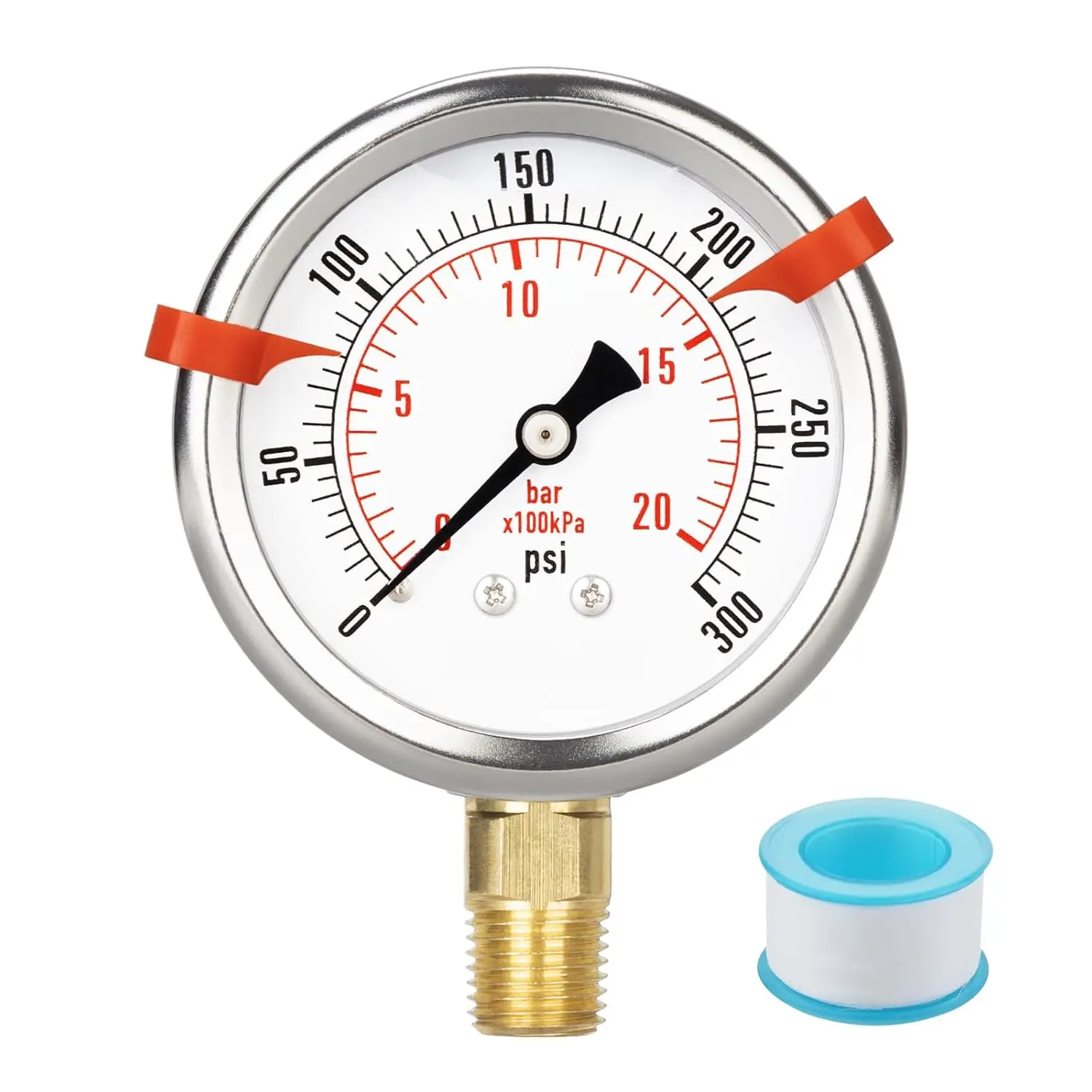 2.5 Inch Dial Glycerin Liquid Filled Pressure Gauge, 0-300 Psi/0-20 Bar Dual Scale, 1/4" NPT Lower Mount, Stainless Steel Case, Brass Component for Regulator, Hydraulic, Automotive & Motorcycle Repair Tools