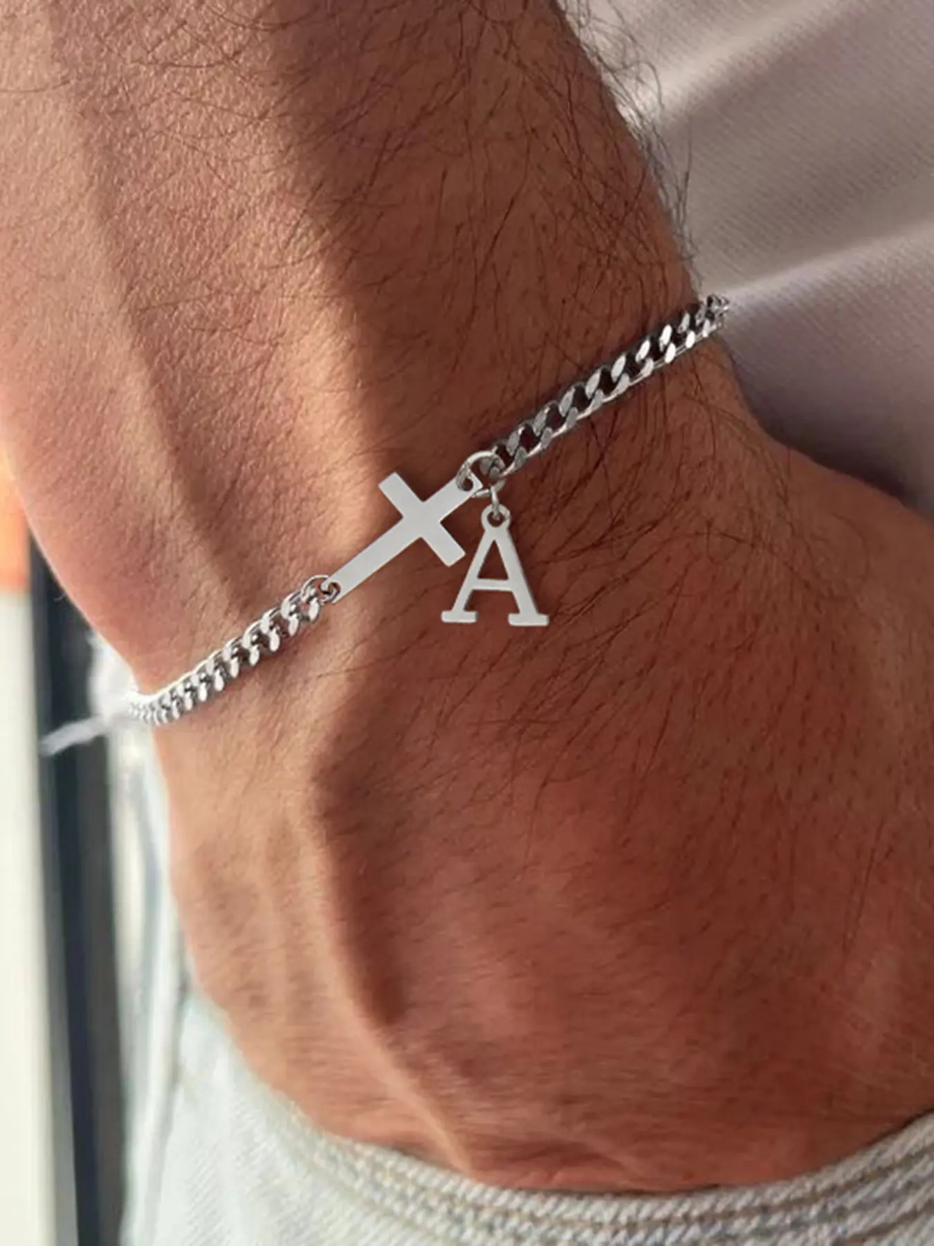 Men's Cross Initial Letter Bracelet, Classic Silver Color Stainless Steel Cuban Chain, Casual Style, All Seasons, Letter Link Bracelet, Cuban Chain Bracelets, Bracelet Jewelry