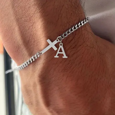 Classic Stainless Steel Cuban Chain Bracelet for Men, Cross Initial Letter Design, Casual Style, All Seasons, No Choking Hazard Warning, Chunky Link Bracelet