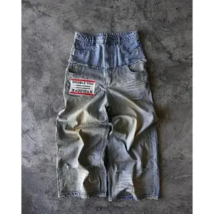 Street hip-hop letter printed jeans men's punk Harajuku ripped wide leg pants retro loose straight leg double waist pants street denim men's pants