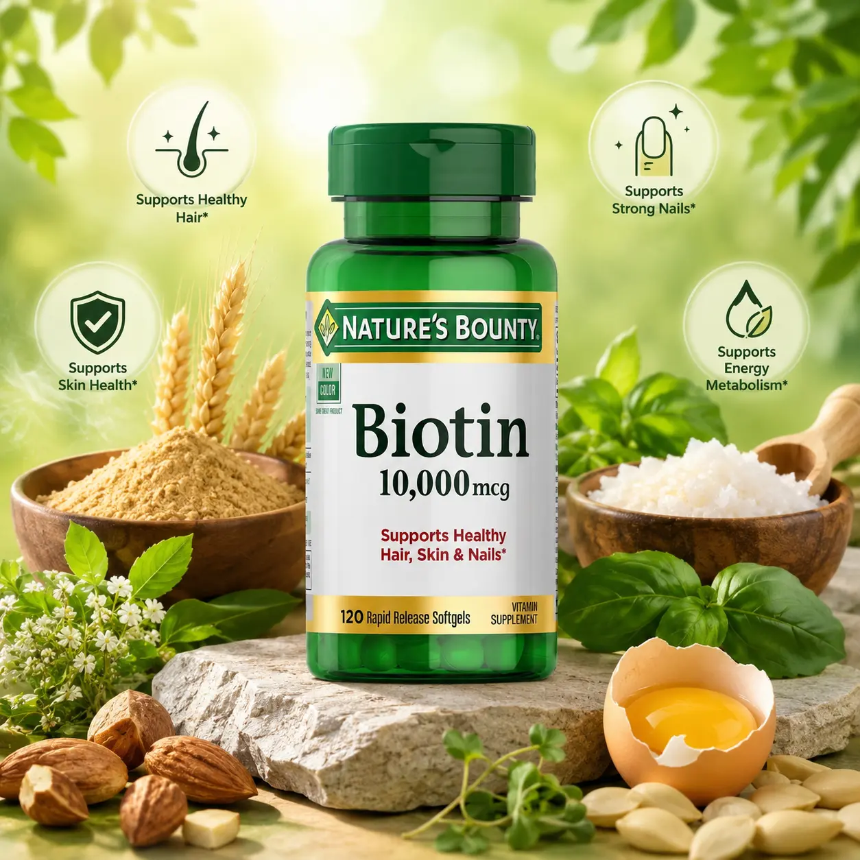 Nature's Bounty Natural Biotin 10,000 mcg Rapid-Release Softgel Capsules - Natural Ingredients Health, Beauty Dietary Supplement for Hair, Skin, Nails (120 Count)