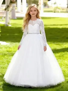 Girl's Contrast Lace Rhinestone Decor Fit & Flare Dress, Elegant Long Sleeve Round Neck Tulle Dress for Party Performance, Kids Clothes for All Seasons